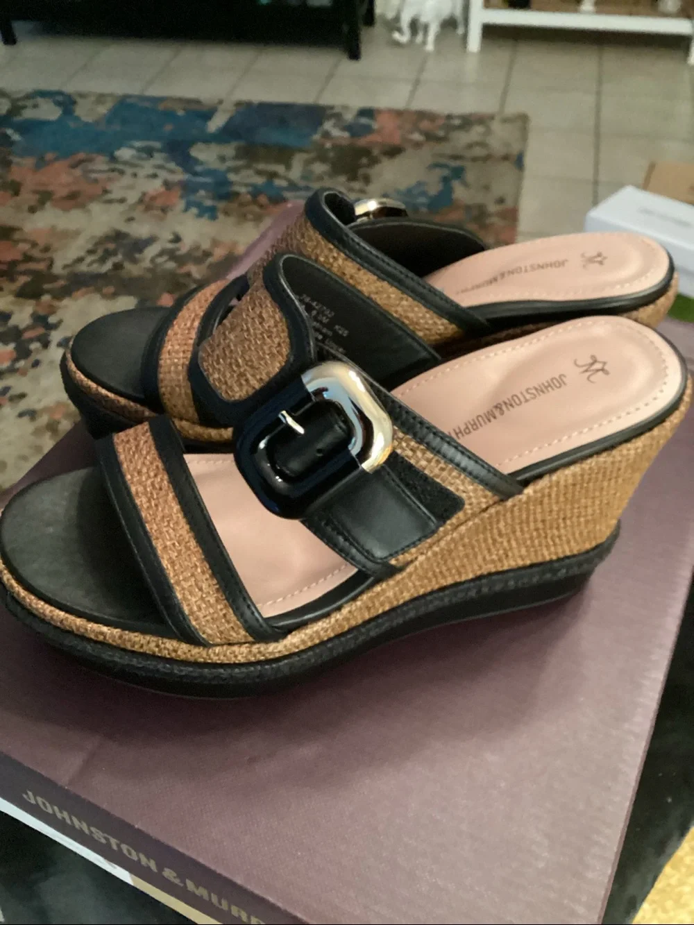 Johnston & Murphy Brown Woven Leather-Trim Platform Sandals